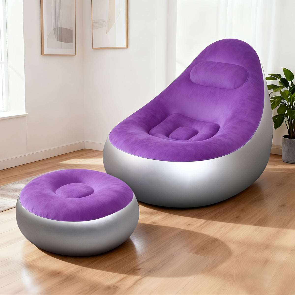 Inflatable Recliner Sofa with Footstool Set - Heavy Duty Portable Folding Air Couch with Plush Fabric & Pump Included, Space-Saving Indoor Outdoor Lounge Chair for Camping, Backyard, Living Room & Travel, 6 Colors Available