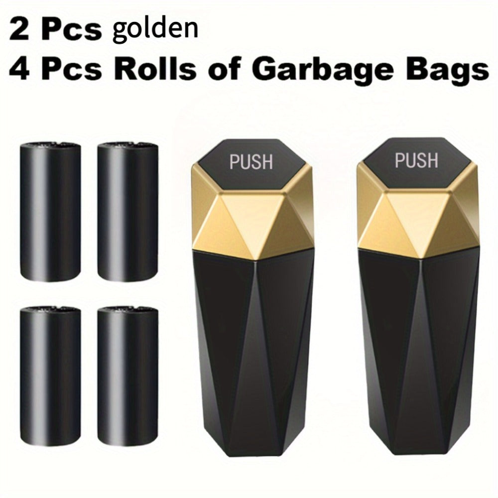 Car Trash Can with Trash Bags – Mini Diamond Design Car Bin Set, 2 Cans + 60 Bags (4 Rolls), One-Button Lid, Fits Cars Trucks SUVs – Car Interior Organizer
