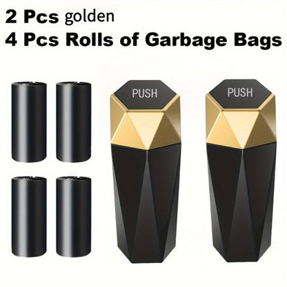 Car Trash Can with Trash Bags – Mini Diamond Design Car Bin Set, 2 Cans + 60 Bags (4 Rolls), One-Button Lid, Fits Cars Trucks SUVs – Car Interior Organizer