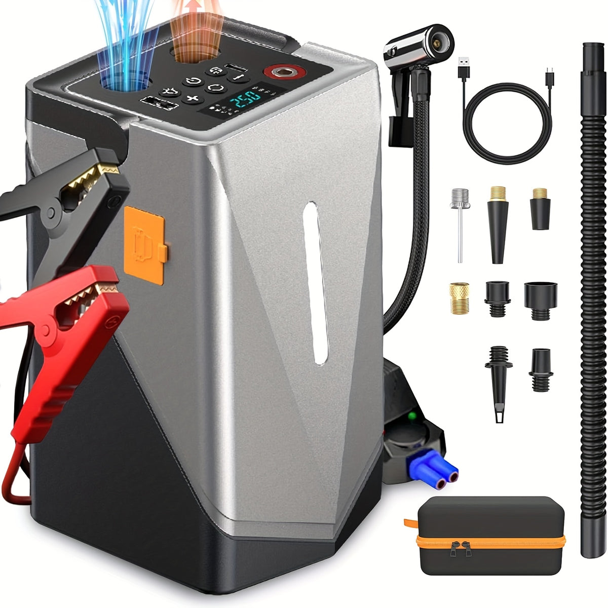 Jump Starter with Air Compressor, 5in 1 Function Jump Box 25000mAh Peak 150PSI Jump Starter Battery Pack with Digital Tire Inflator, Car Battery Charger Portable for 10.L Gas Or 2.38gal Diesel QC18W Fast Charging USB Output, LED Emergency Lighting