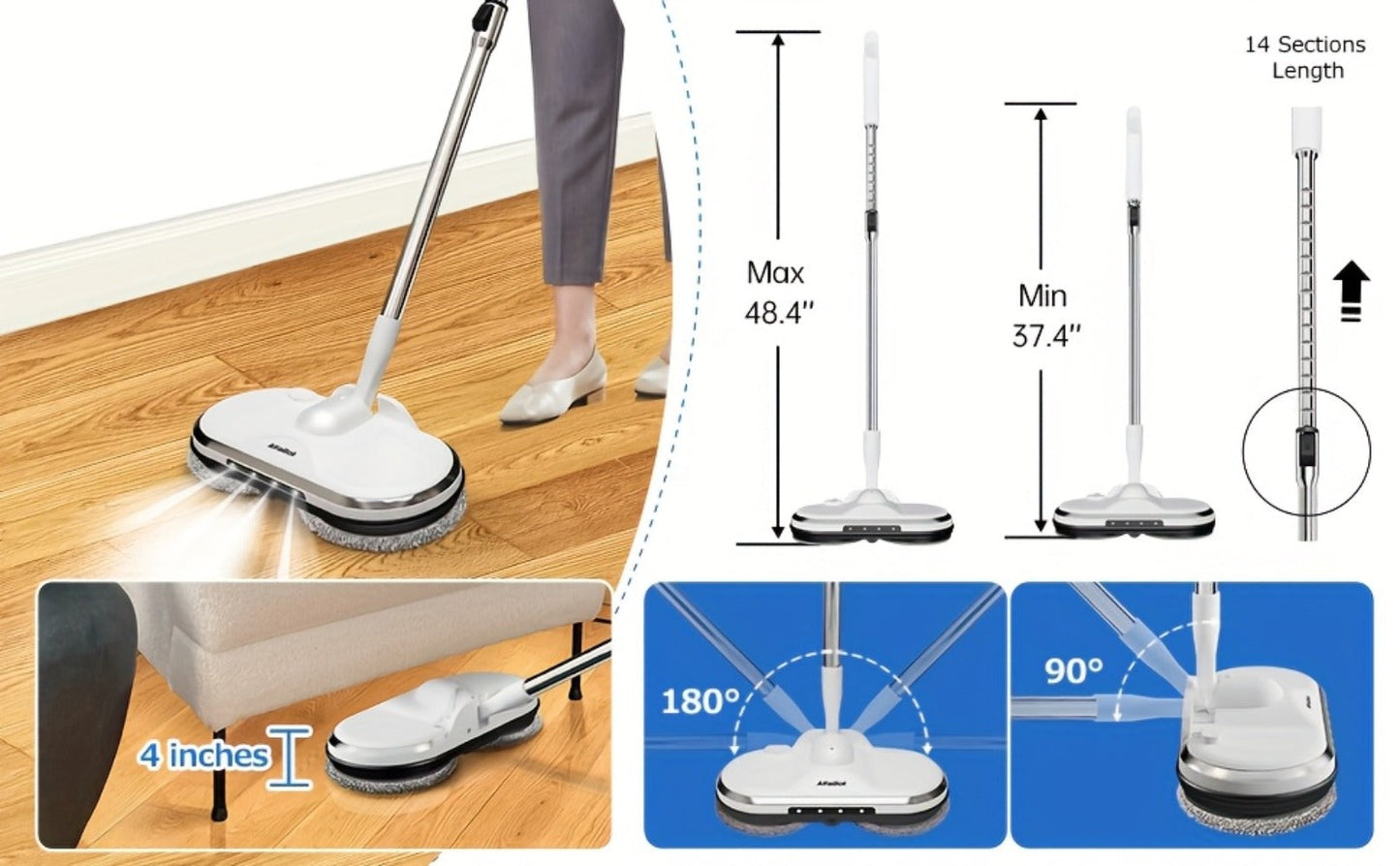 Cordless Electric Spin Mop Floor Cleaner with LED Headlight & Water Spray Tank – Powerful Wireless Spinning Mop for Hardwood & Tile Floors, Quiet Motor, Self-Cleaning & Waxing Function (White)