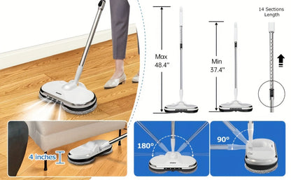 Cordless Electric Spin Mop Floor Cleaner with LED Headlight & Water Spray Tank – Powerful Wireless Spinning Mop for Hardwood & Tile Floors, Quiet Motor, Self-Cleaning & Waxing Function (White)