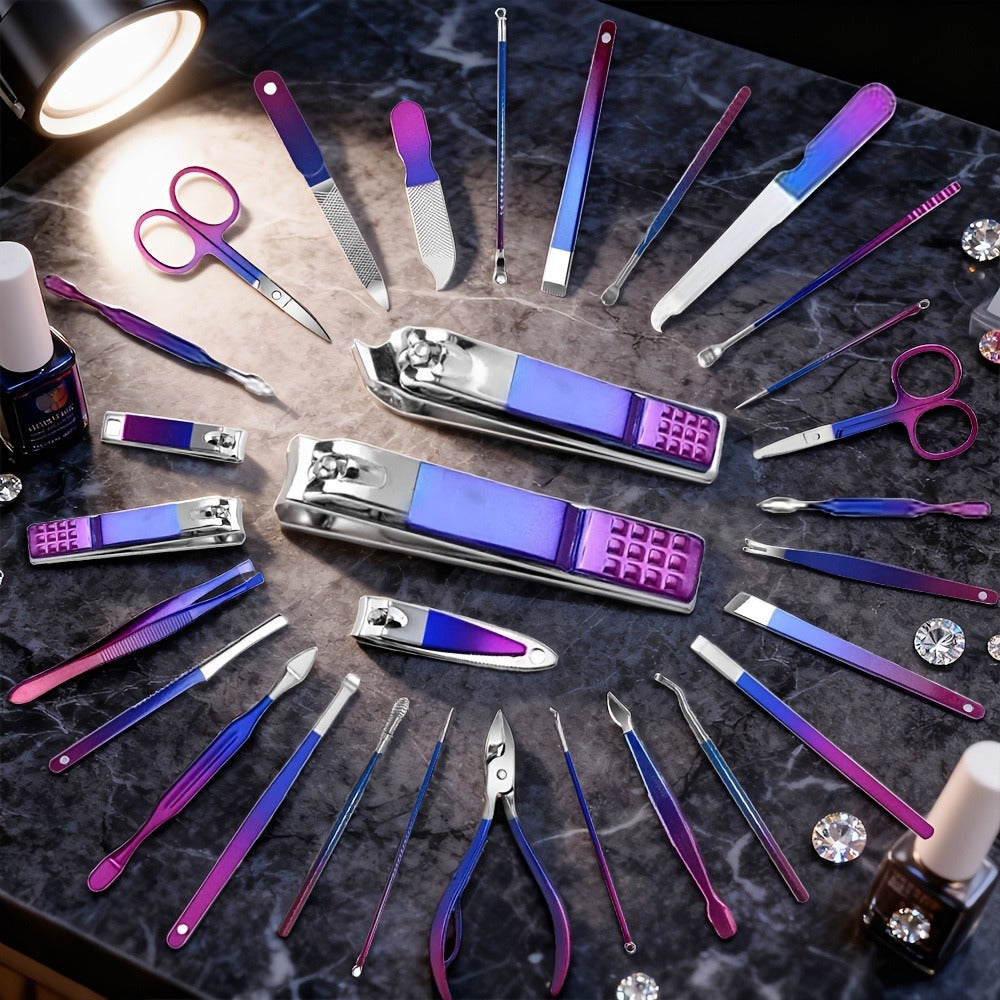 Manicure Set 9 18 30 60pcs Professional Nail Clipper Pedicure Kit Portable Travel Grooming Tools — Cuticle Trimmer Nail File Nail Care Gift Set for Women Girls, Gradient Pink Black Green