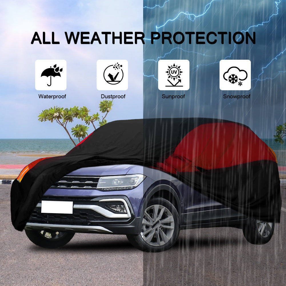 Universal Fit Outdoor Car Cover 170T Polyester Thickened Fabric with Reflective Strips, Full Exterior Sunshade Dustproof Protection for Sedan SUV - Black & Red
