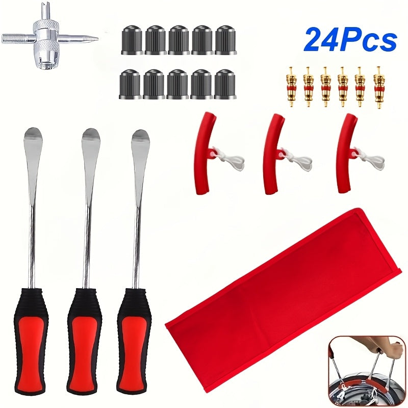 29/24/12pcs Tire Changing And Valve Service Tool Kit with Tire Lever Tools, Valve Caps, Valve Cores, 4-Way Valve Tool, And Storage Pouch for Garage Tire Maintenance And Vehicle Care