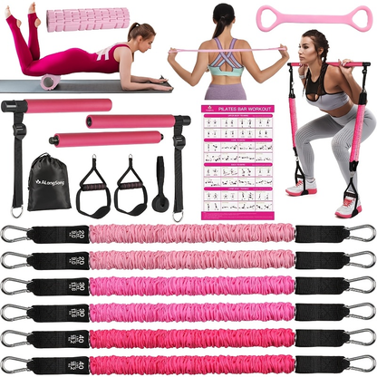 Natural Latex Pilates Bar Kit with Resistance Bands 20-360 lbs – Stainless Steel Handle, Adjustable Length for 5'3"-6'2", Full Body Home Gym Workout for Women & Men