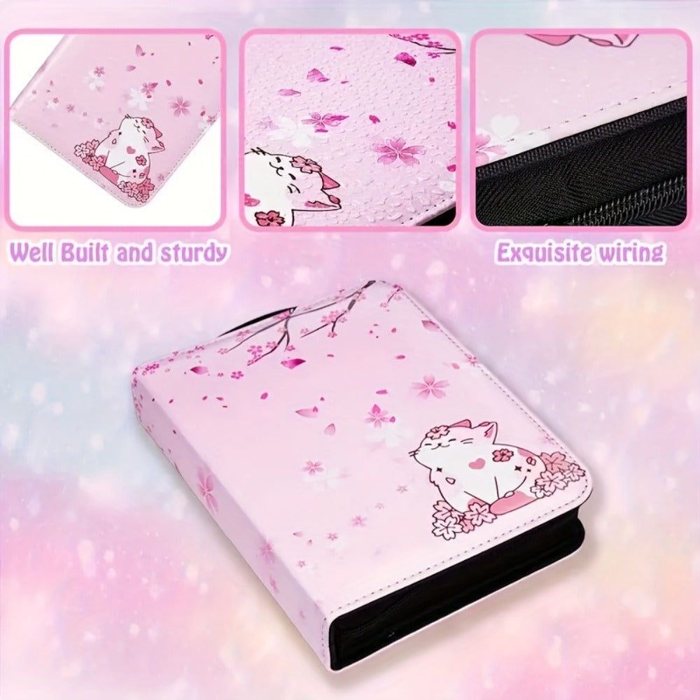 Trading Card Binder Album 900 Pockets Zippered – Premium PU Leather Collector's Album with Pink Cherry Blossom & Cat Design, Waterproof Card Storage for Pokemon, Sports & K-Pop Cards