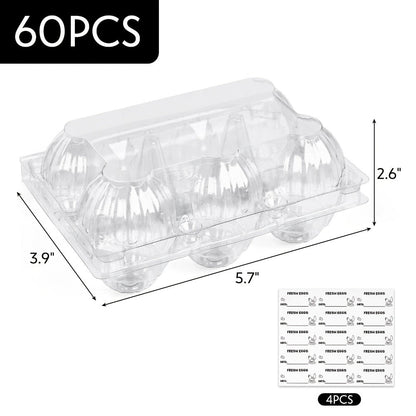 Plastic Egg Cartons, 60 Pack Clear 6-Cavity Reusable Egg Holders with 4 Label Stickers – Bulk Egg Carton Set for Home, Ranch, Chicken Farm, Market Display, Kitchen Storage and Refrigerator