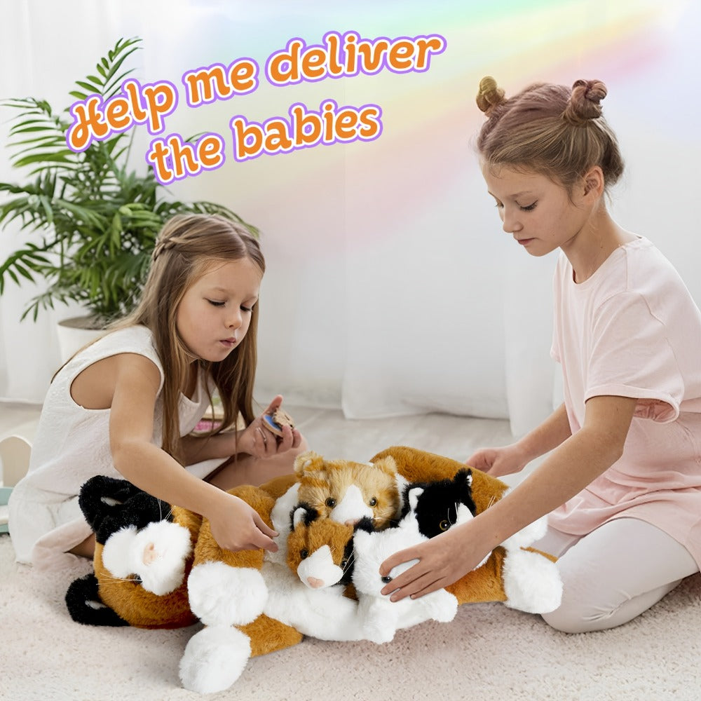 Cat Stuffed Animal Plush Set Mommy Cat with 4 Baby Kittens – Soft Cuddly Cat Family Toy Gift for Kids, Mother's Day Birthday Christmas Holiday Bed Sofa Decor