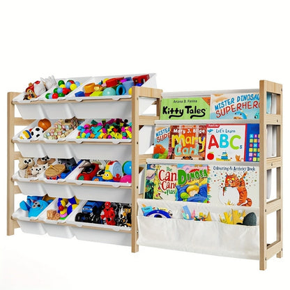 Kids Bookshelf Organizer, Kids Bookshelf and Storage Organizer 2-in-1 with 12 Bins and 4 shown in the main product view