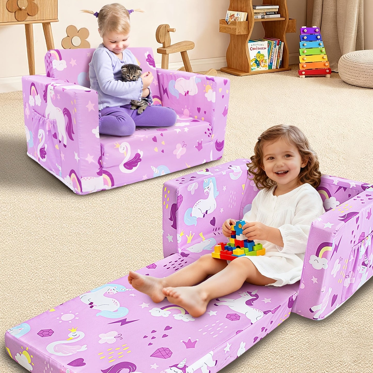 Kids Sofa shown in the Purple Unicorn option