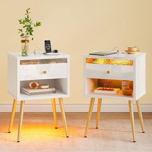 Nightstand, Set of 2 Nightstands with USB Charging Ports LED Strip Drawer Open Storage 12 shown in the main product view