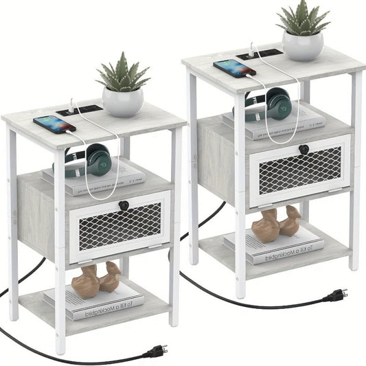 Nightstand, Set of 2 with Charging Station, Farmhouse Bedside Table Pair with USB Ports & shown in the main product view