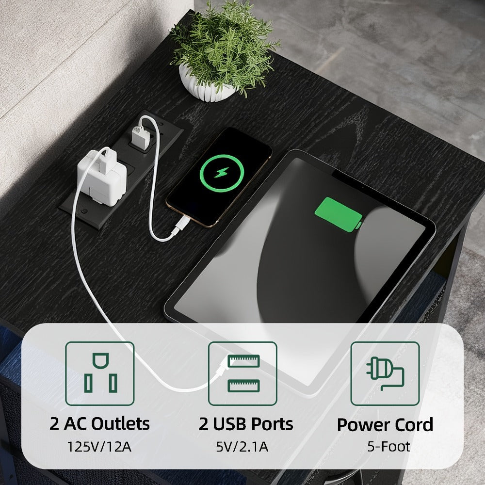 2-Piece Set Nightstand with Charging Station and LED Lighting for Bedroom detail image - detail view 12
