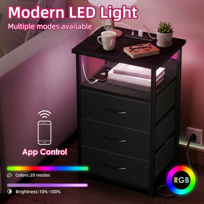 2-Piece Set Nightstand with Charging Station and LED Lighting for Bedroom detail image
