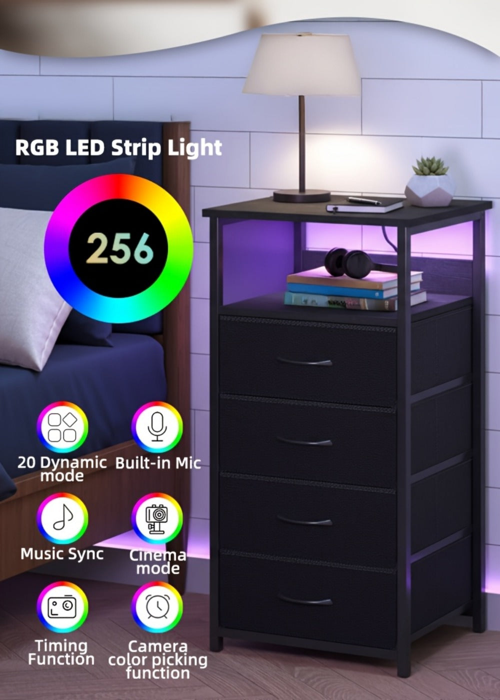 2-Piece Set Nightstand with Charging Station and LED Lighting for Bedroom detail image - detail view 32