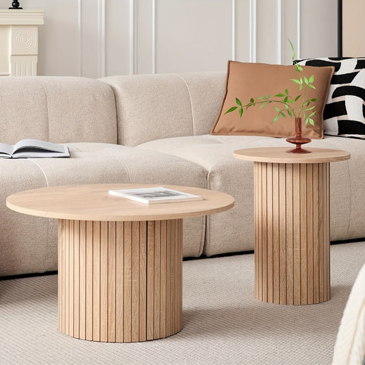Coffee Tables, Round Nesting Set of 2 - Boho Fluted Drum Side Table with Wood Grain shown in the main product view
