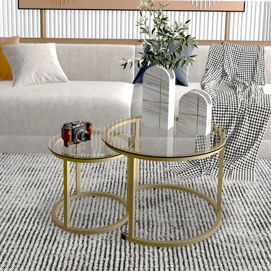 Coffee Table, Nesting Glass Coffee Tables Set of 2, Round Small Glass Top with Black Metal shown in the main product view