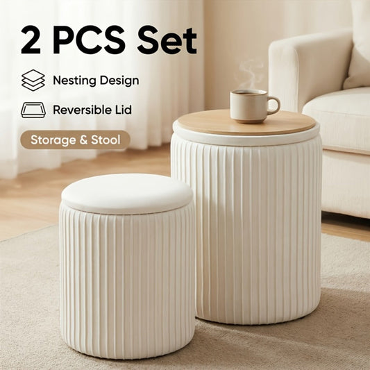Ottoman, Round Storage Ottomans with Lids Set of 2, Upholstered Vanity Stools with Hidden shown in the main product view