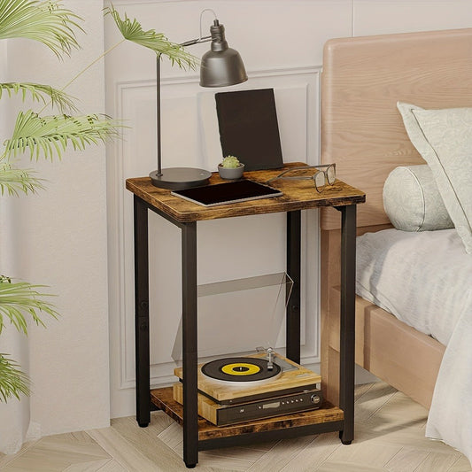 Side Table, Rustic 2-Tier Set of 2 - Brown & Black Small End Table with Storage Shelves shown in the main product view