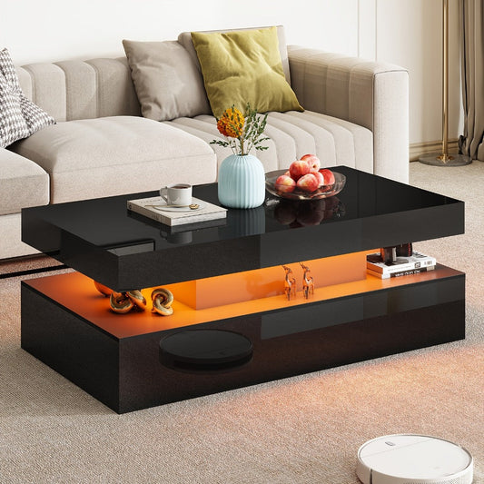 Coffee Table, LED 40 Inch High Gloss 2-Tier Center Table with LED Lights & Open Storage shown in the main product view