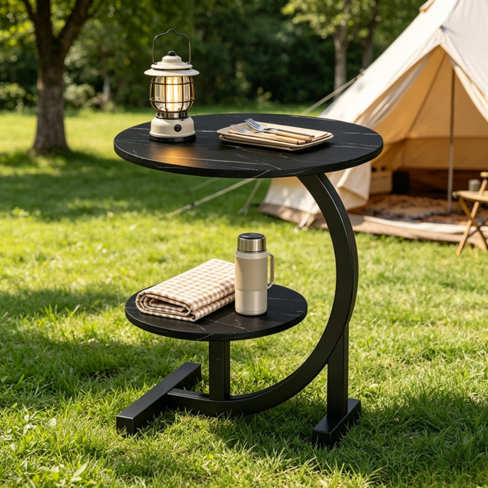2-Tier Faux Marble Outdoor Side Table with Weather-Resistant Finish, Outdoor Accent Table detail image