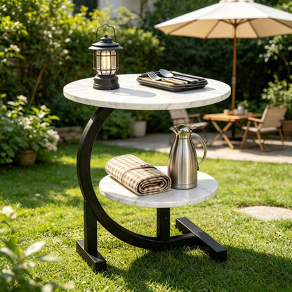 2-Tier Faux Marble Outdoor Side Table with Weather-Resistant Finish, Outdoor Accent Table detail image - detail view 5