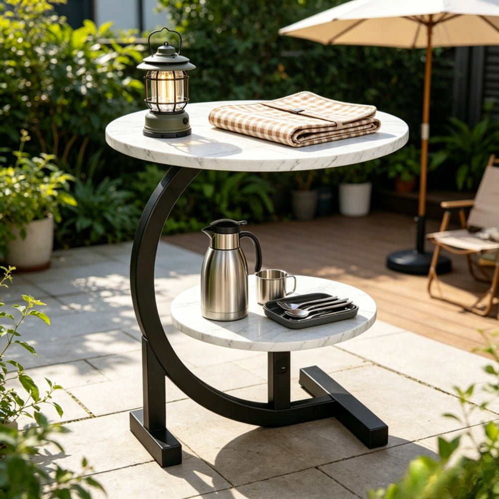 Outdoor Side Table, 2-Tier C-Shaped Outdoor Patio Side Table with Faux Marble Top & Sturdy shown in the main product view