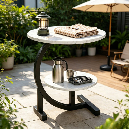 Outdoor Side Table, 2-Tier C-Shaped Outdoor Patio Side Table with Faux Marble Top & Sturdy shown in the main product view