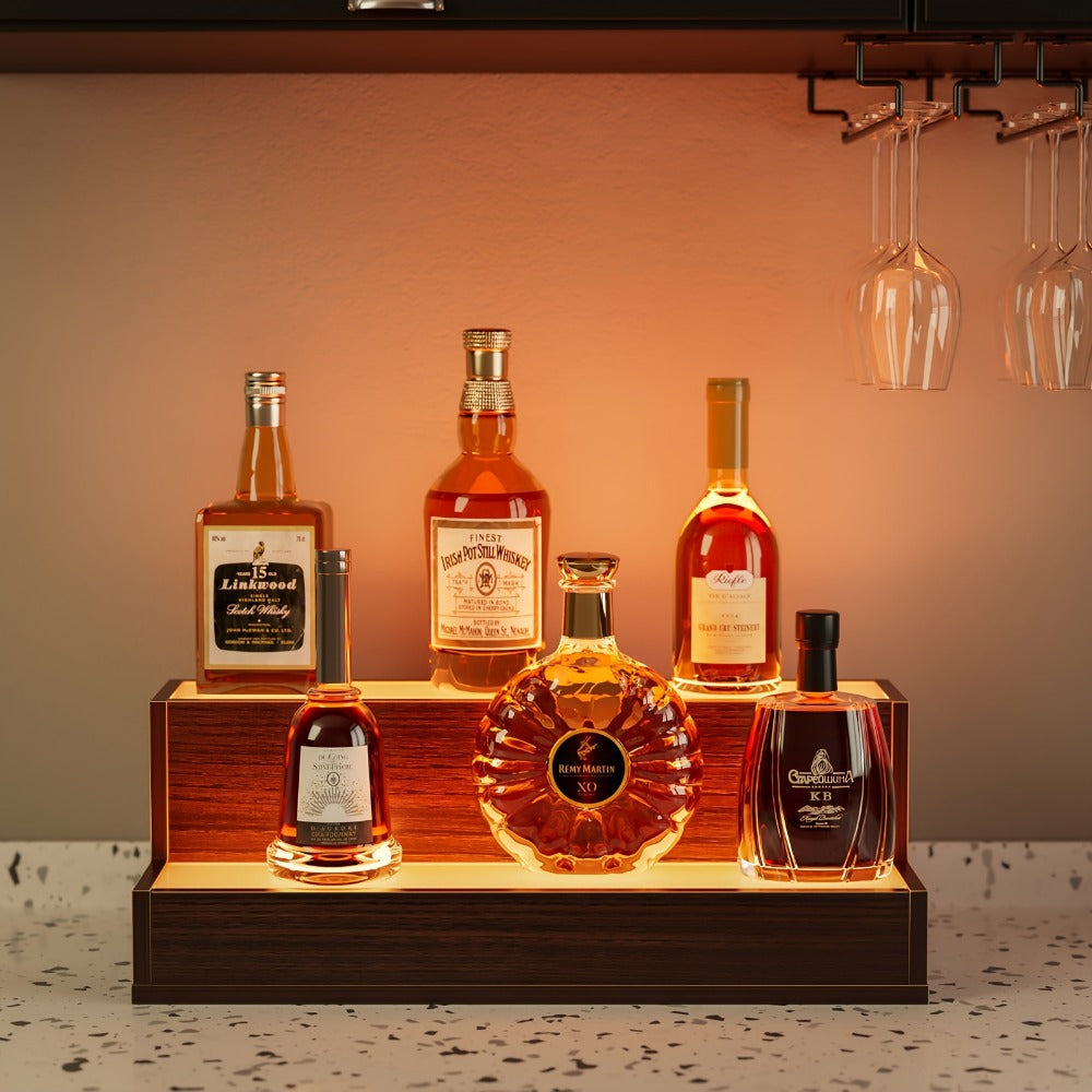 Bar Shelf, LED Lighted Liquor Bottle Display Shelf, 2-Tier Freestanding with Warm Glow shown in the main product view