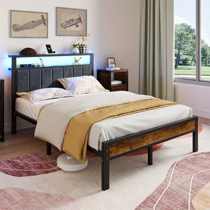 2-Tier Metal Bed Frame with Charging Station and LED Lighting for Bedroom detail image