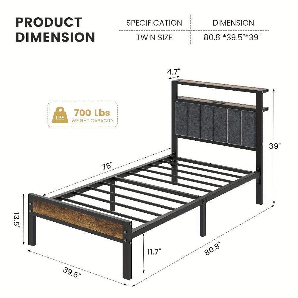 2-Tier Metal Bed Frame with Charging Station and LED Lighting for Bedroom detail image - detail view 3