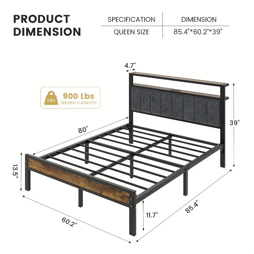 2-Tier Metal Bed Frame with Charging Station and LED Lighting for Bedroom detail image - detail view 6