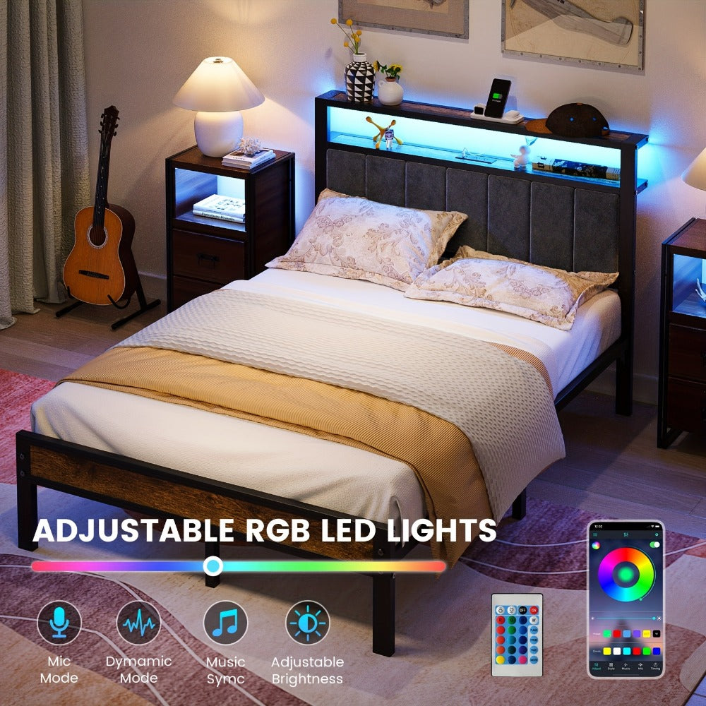 2-Tier Metal Bed Frame with Charging Station and LED Lighting for Bedroom detail image - detail view 7