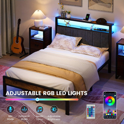 2-Tier Metal Bed Frame with Charging Station and LED Lighting for Bedroom detail image - detail view 7