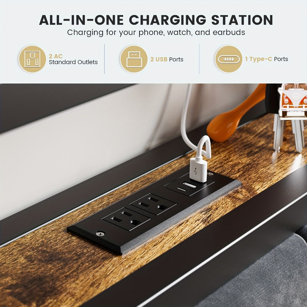 2-Tier Metal Bed Frame with Charging Station and LED Lighting for Bedroom detail image - detail view 8