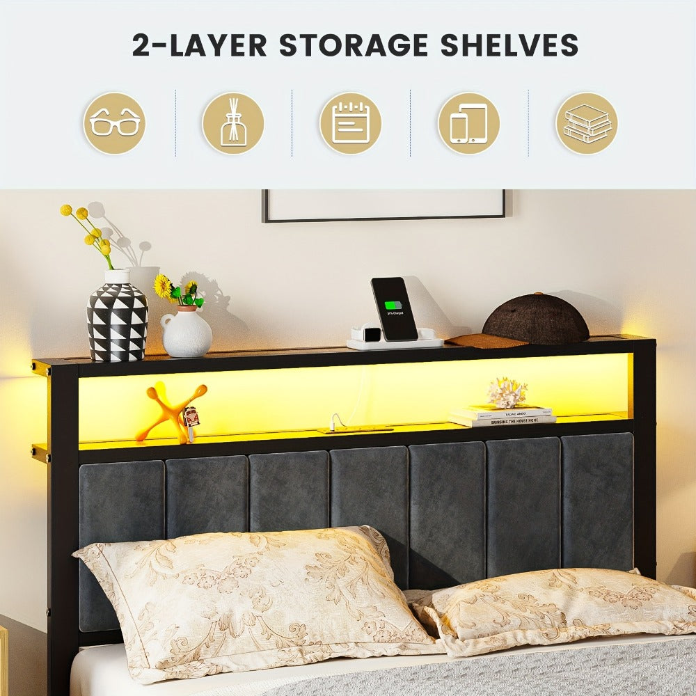 2-Tier Metal Bed Frame with Charging Station and LED Lighting for Bedroom detail image - detail view 9