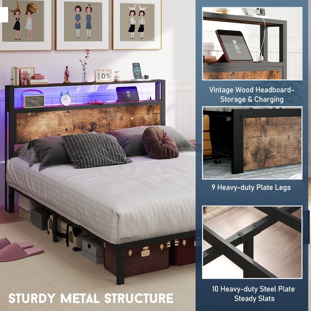 2-Tier Metal Bed Frame with LED Lighting and No Box Spring Needed detail image - detail view 11