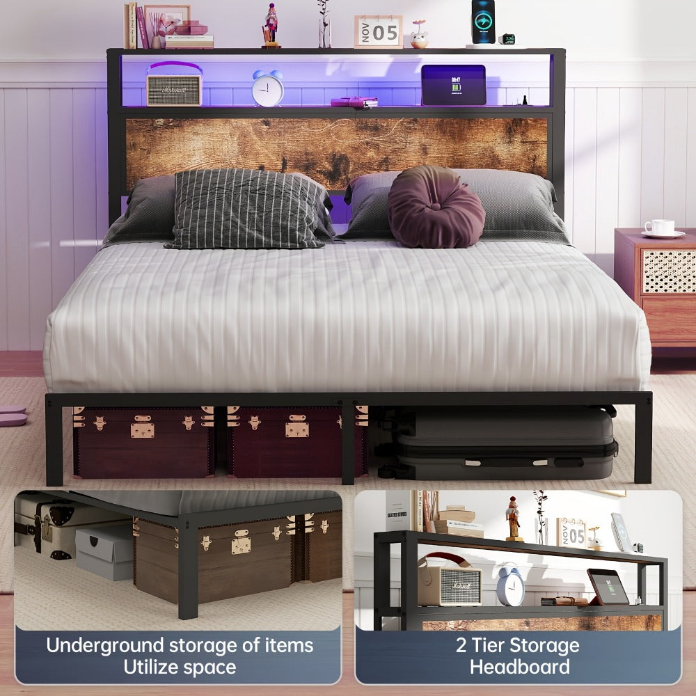 2-Tier Metal Bed Frame with LED Lighting and No Box Spring Needed detail image - detail view 12