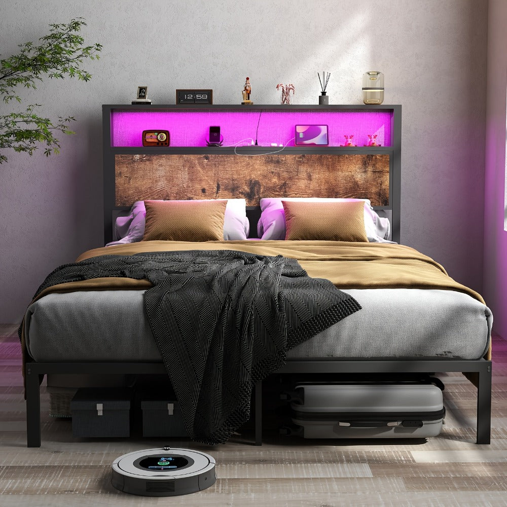 2-Tier Metal Bed Frame with LED Lighting and No Box Spring Needed detail image