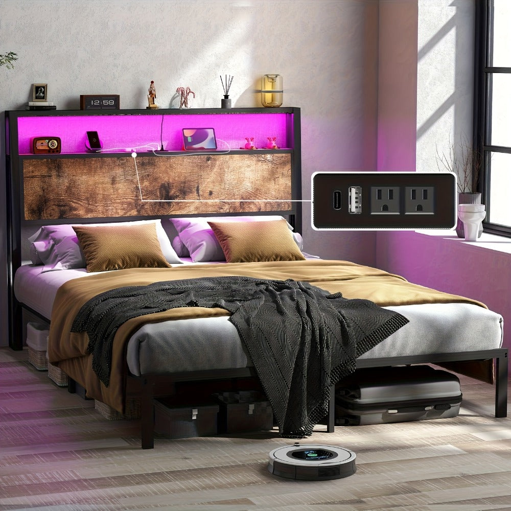 2-Tier Metal Bed Frame with LED Lighting and No Box Spring Needed detail image - detail view 3