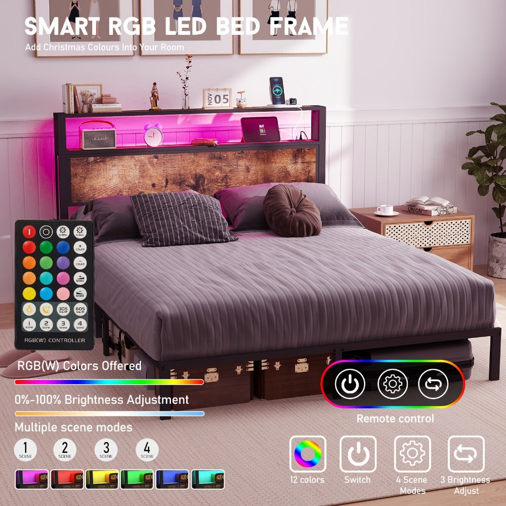 2-Tier Metal Bed Frame with LED Lighting and No Box Spring Needed detail image - detail view 4