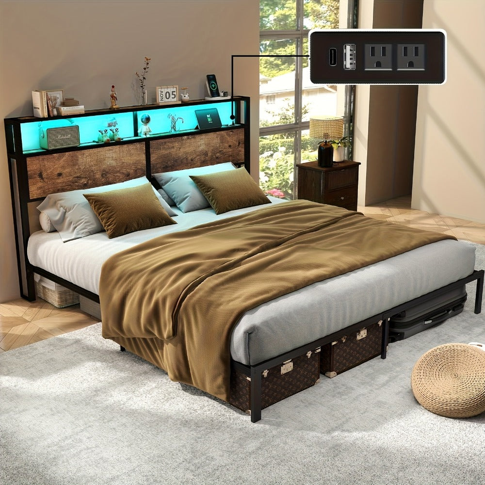 2-Tier Metal Bed Frame with LED Lighting and No Box Spring Needed detail image - detail view 7