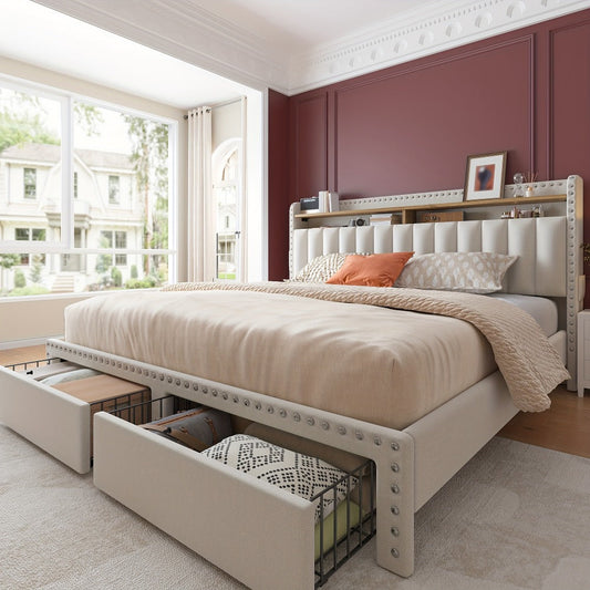 Bed Frame, King Size Upholstered with Storage 2 Drawers 2-Tier Headboard Wood Slats No Box shown in the main product view