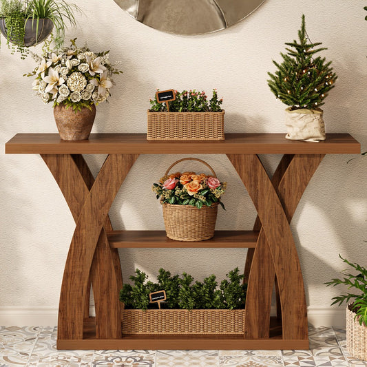 Console Table, 55 Inch Rustic X-Shaped Legs 2-Tier Shelf - Wooden Sofa Table for Living shown in the main product view