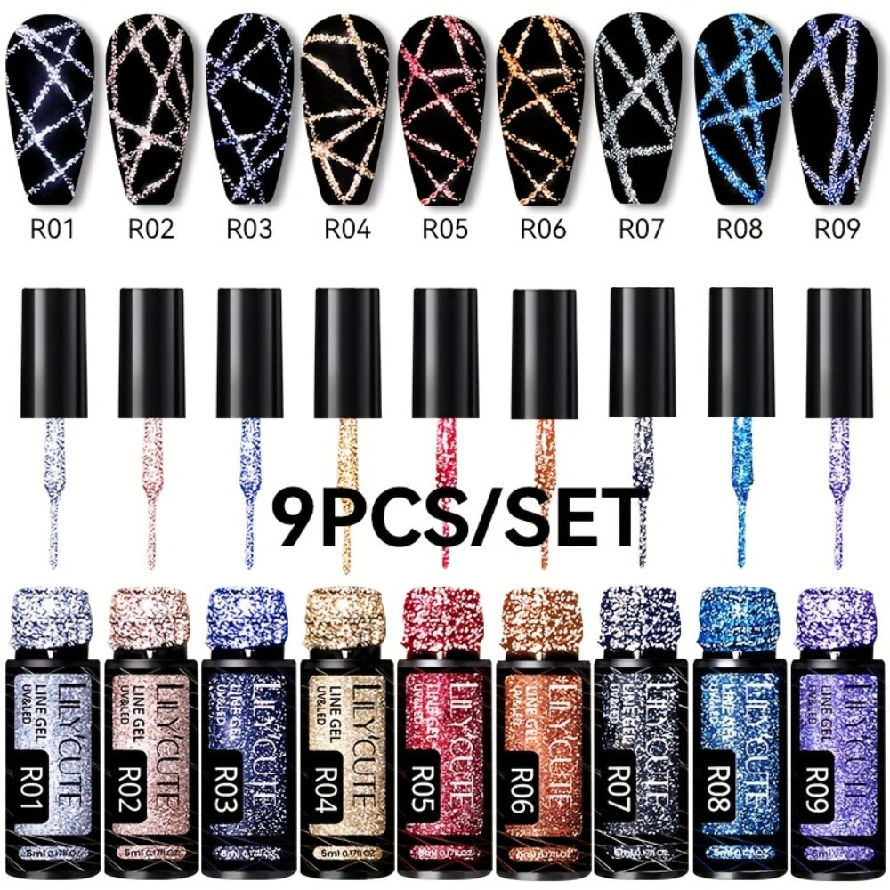 Reflective Glitter Line Gel Nail Polish 9pcs Set – LED Cure Stripe Liner Pull Line Graffiti Sparkling Nail Art Kit for Salon & DIY Home Manicure, 5ml Each Long Lasting Chip Resistant