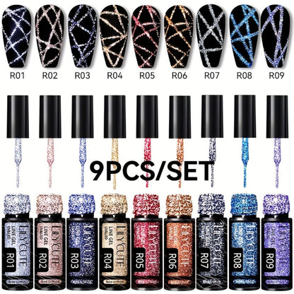 Reflective Glitter Line Gel Nail Polish 9pcs Set – LED Cure Stripe Liner Pull Line Graffiti Sparkling Nail Art Kit for Salon & DIY Home Manicure, 5ml Each Long Lasting Chip Resistant