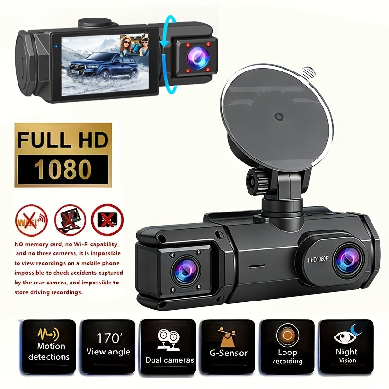1080P Dash Cam with 3 Cameras Front Built-In Rear Infrared Night Vision 170° Wide-Angle Built-In Audio 32GB Card Connection to Smartphone Loop Recording G-Sensor 24 Parking Monitor