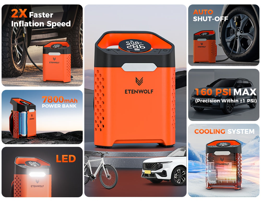ETENWOLF Portable Air Pump for Car Tires & Tire Inflator Air Compressor | 1 Min Fast Inflation, 100% Duty Cycle, Heavy Duty, USB Charging, Digital Display, Rechargeable Battery