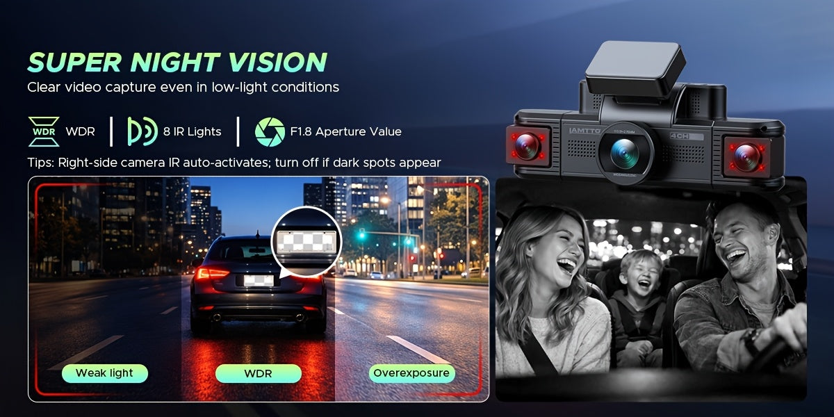 Lamtto 4 Channel Dashcam 360° View Dash Cam Front and Rear Inside 2K+1080P+1080P,+1080P, Dash Camera for Cars, 8 IR Lamps Night Vision, 5G WiFi & APP Control, G-Sensor, Parking Mode, with a Hardwire Kit